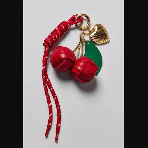 Urban Outfitters Leather Red Cherry w. Green Leaf on Gold Stem w. Rope Keychain - Picture 2 of 2
